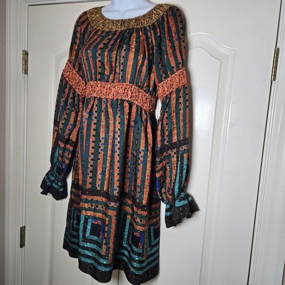 Anna Sui Dresses & Skirts - Anna Sui 2008 Silk Dress Long Sleeve Elasticized Smocking Flare Size 2 XS